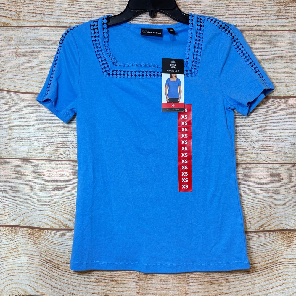 Rafaella Blue Squareneck Top with Embroidered Neck Size XS